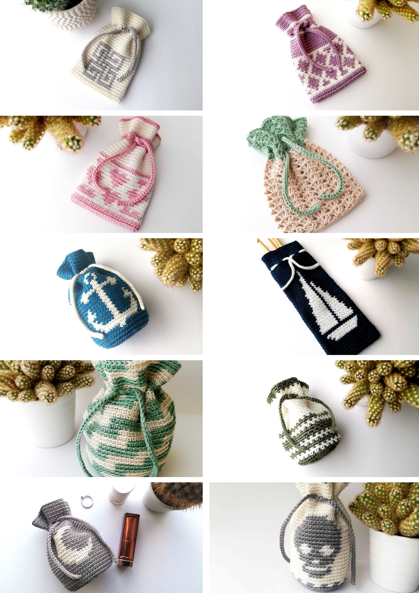 Pattern bundle: 10 beautiful crochet drawstring bags