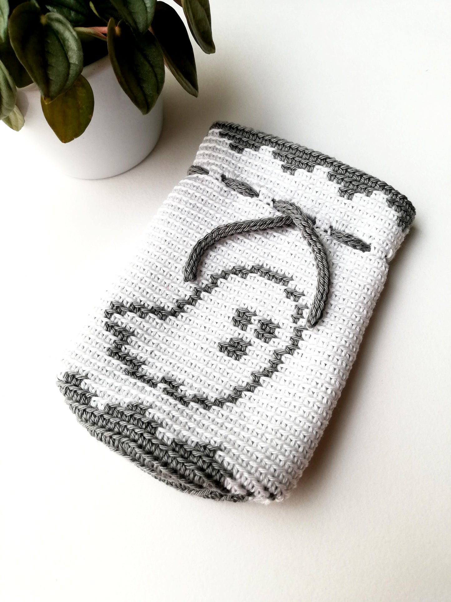 Crochet drawstring bag with a ghost