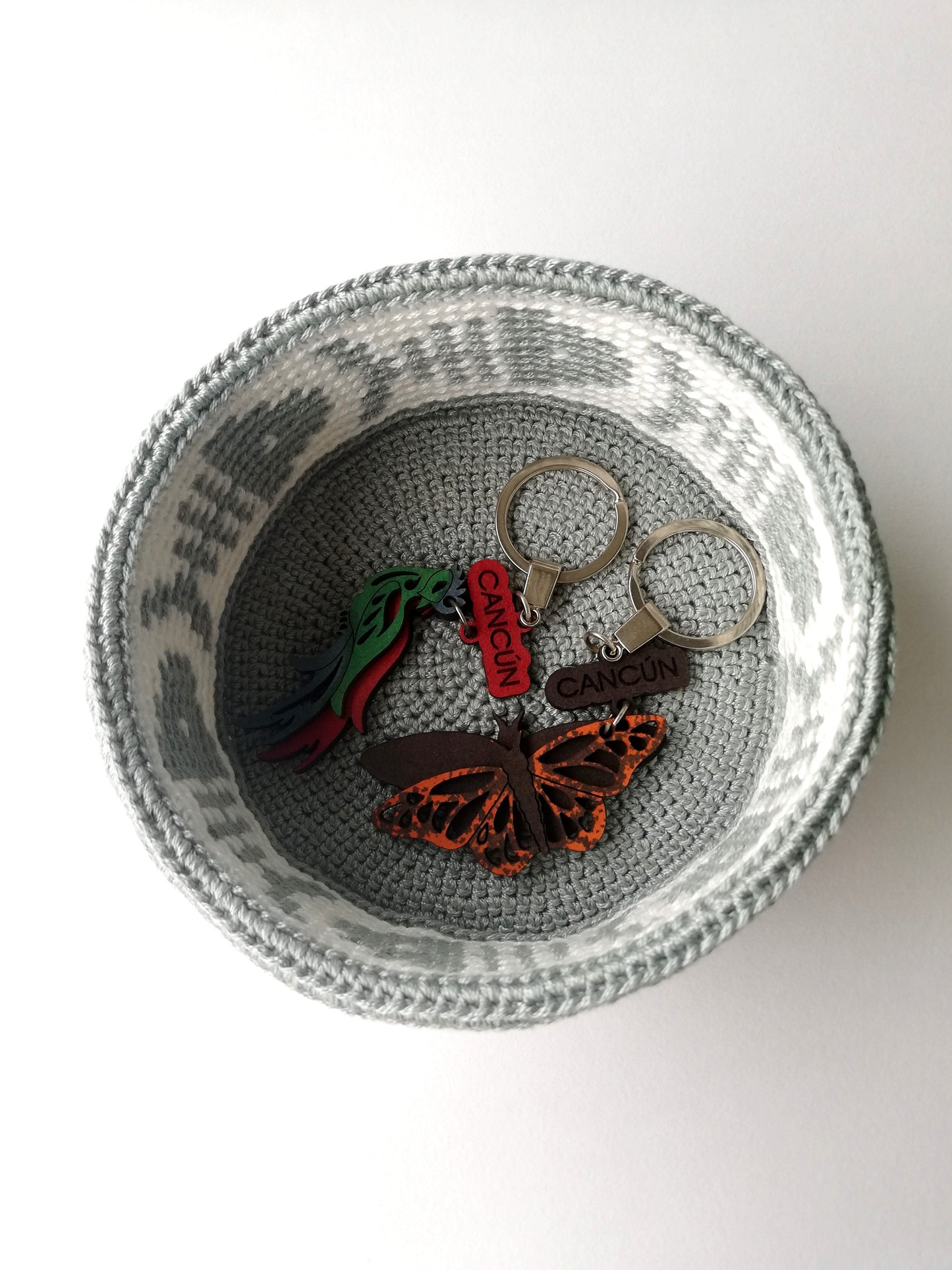 Tapestry crochet basket with fish bones