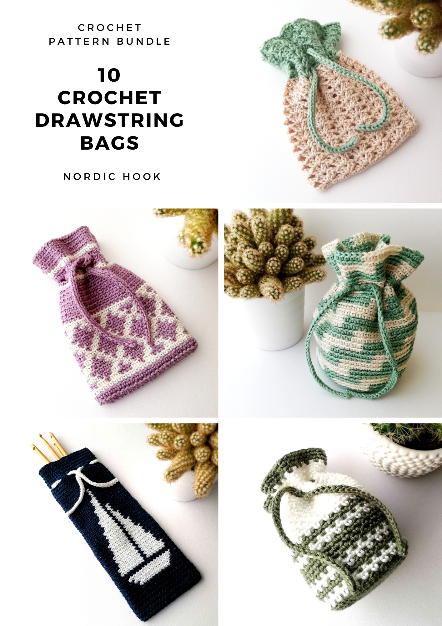 Pattern bundle: 10 beautiful crochet drawstring bags