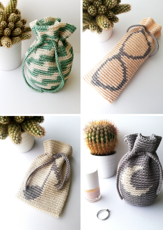 Pattern bundle: four tapestry crochet drawstring bags